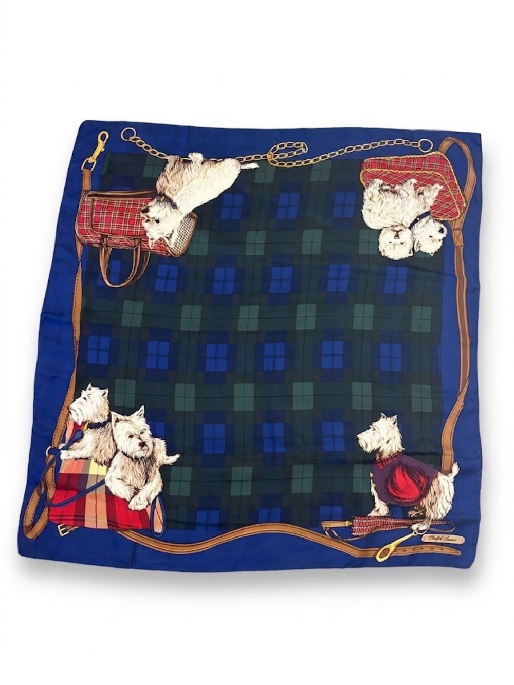 Vintage Ralph Lauren Silk Scarf Westie Terrier Dog Print Glen Check Plaid 90s